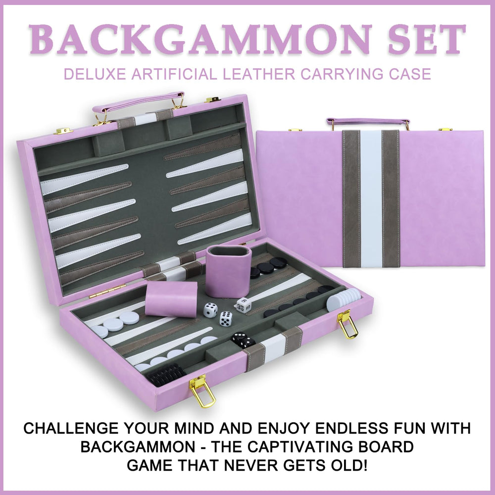HONGSHUYEE premium leather case securing the purple backgammon set on the go.