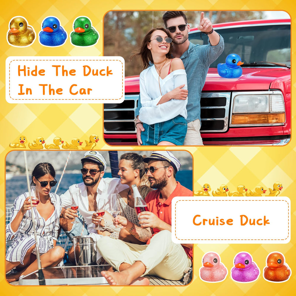 Honoson glitter rubber duck in purple; captures attention during water play.