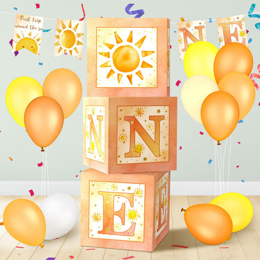 Honoson 1st birthday balloon boxes front view for a festive cake smash backdrop.