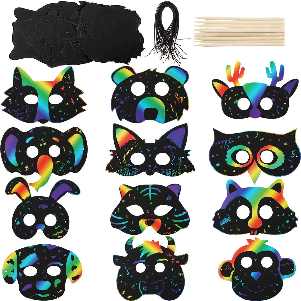 Honoson scratch-paper animal masks for forest party fun and creative activities.
