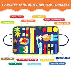 Hooku Busy Board activities pages show zippers, buttons and puzzles for motor skills