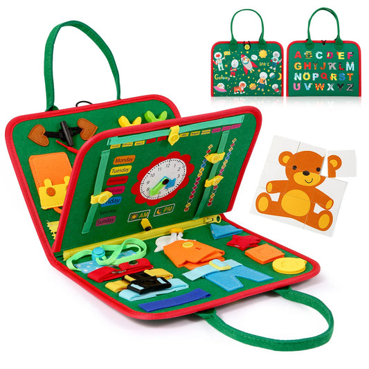Hooku Busy Board front cover with animal alphabet for early learning and tactile play