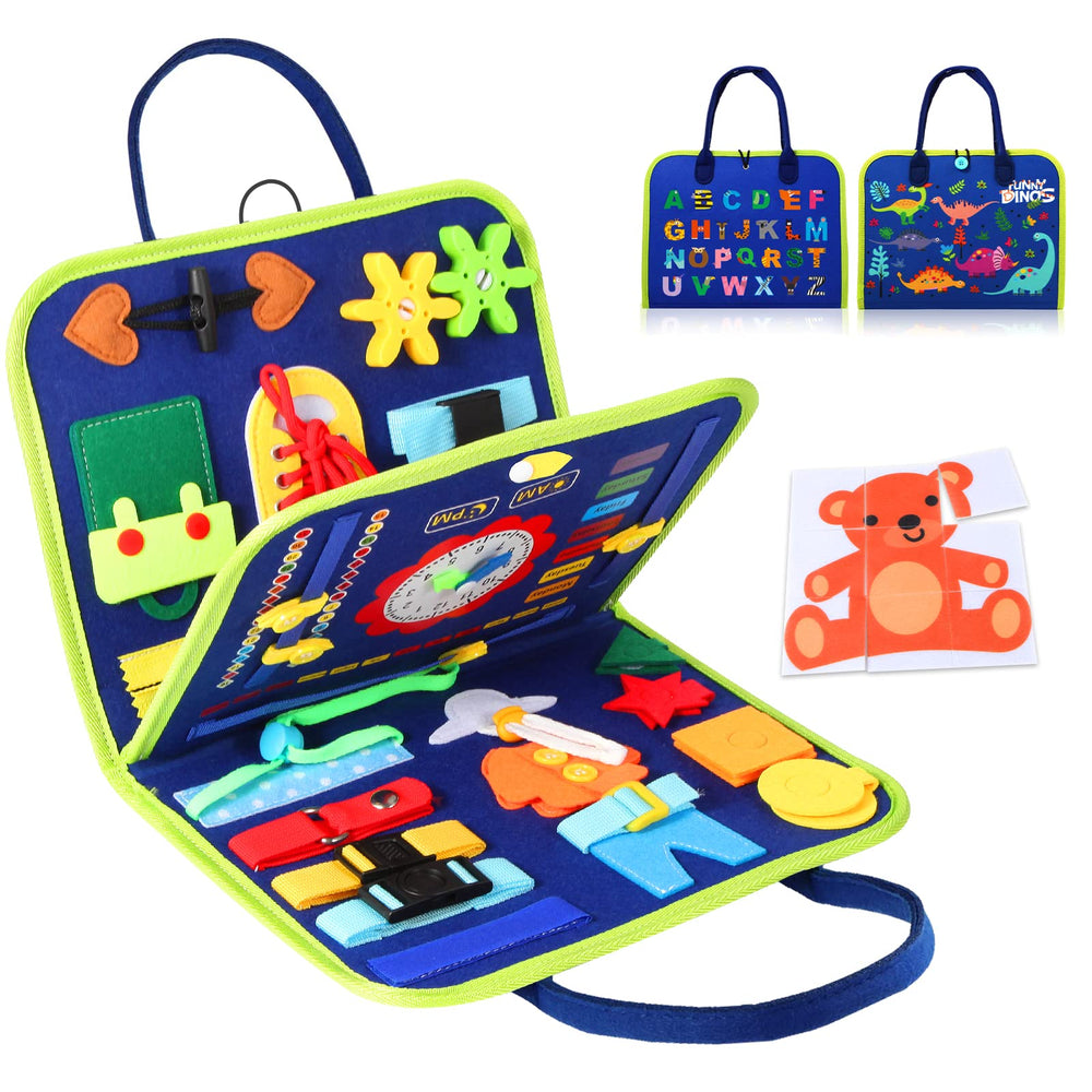 Hooku Busy Board front cover with dinosaurs for imaginative, tactile play