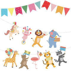 Hooqict animal banner with colorful pennants, ideal as a vibrant wall backdrop for kids' parties.