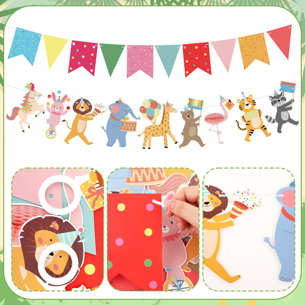 Hooqict animal parade banner, enhances mantel displays with bright party accents.
