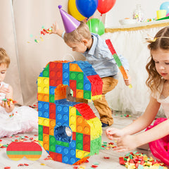 Hooqict blocks pinata dimensions 15.7 by 9 by 3 inches for versatile displays.