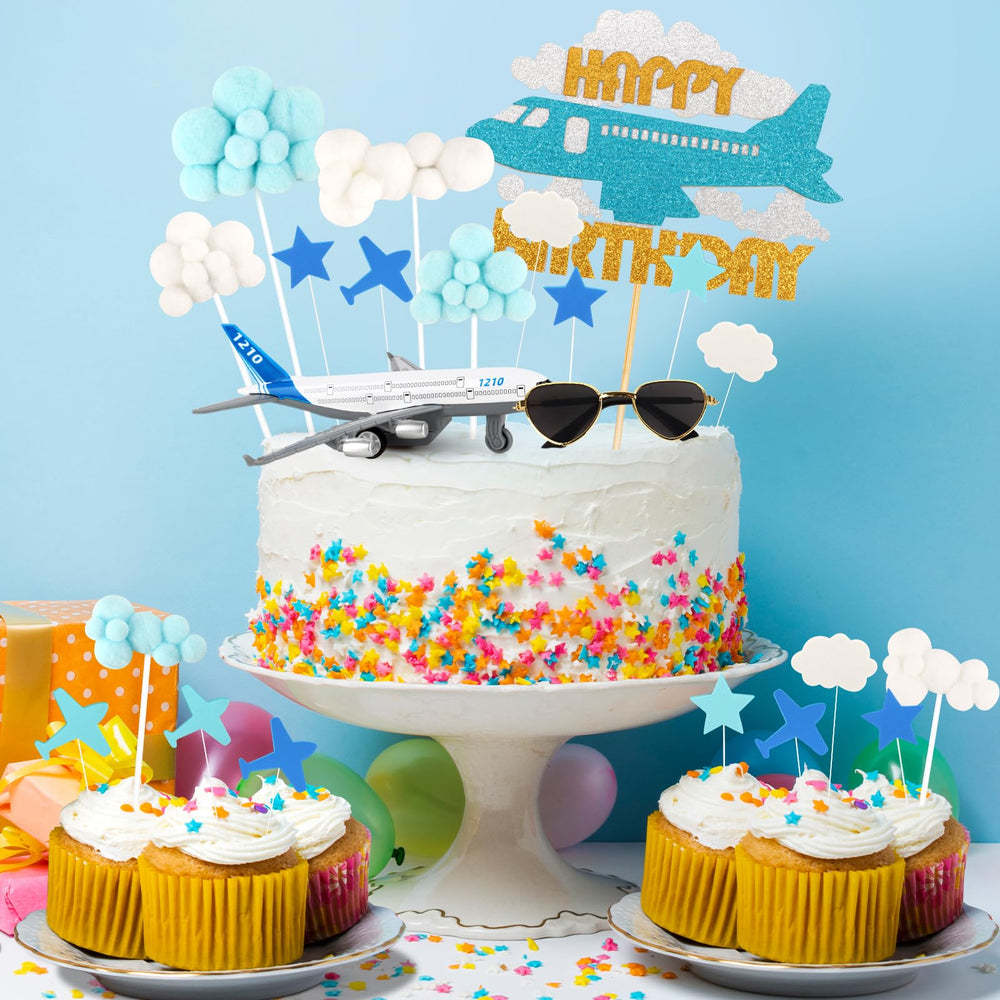 Hooqict cake toppers decorate mini pastries for an eye-catching airplane party.