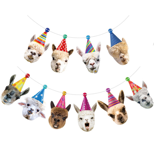 Hooqict llama birthday banner with 10 expressions, ideal for a playful photo backdrop.