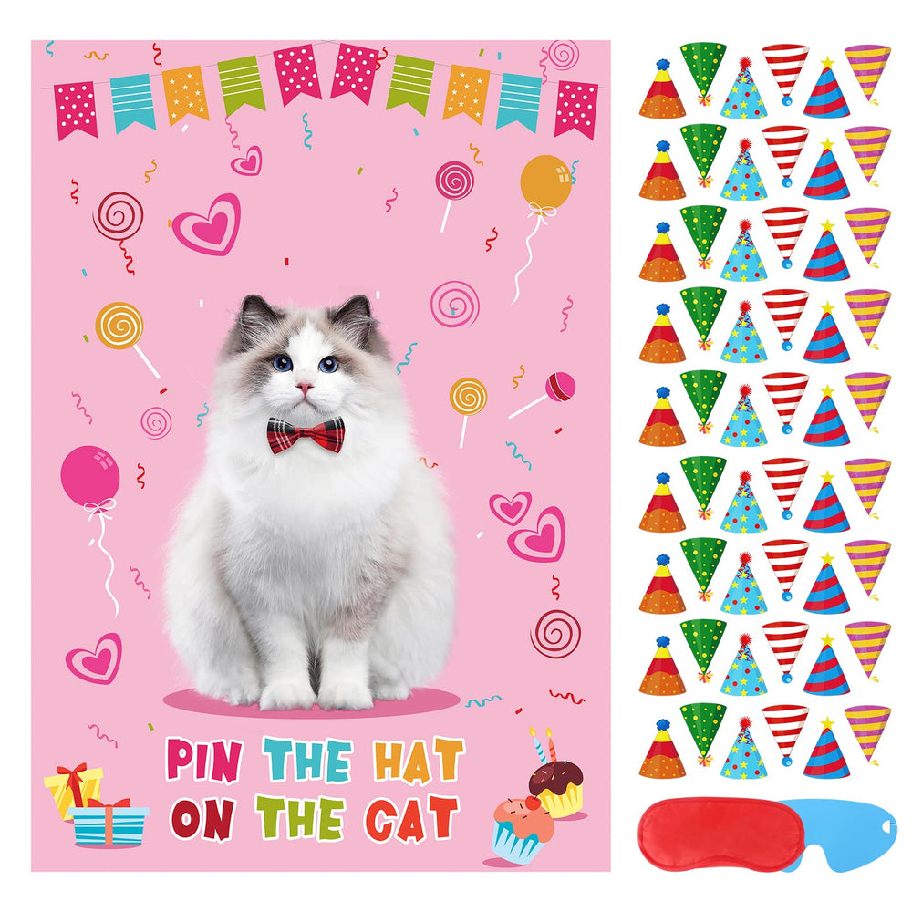Hooqict Pin the Hat Cat poster anchors a lively kids' party game.