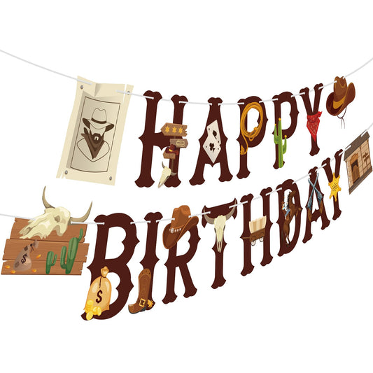 Hooqict Western Happy Birthday Banner with cowboy motifs for a customizable party backdrop