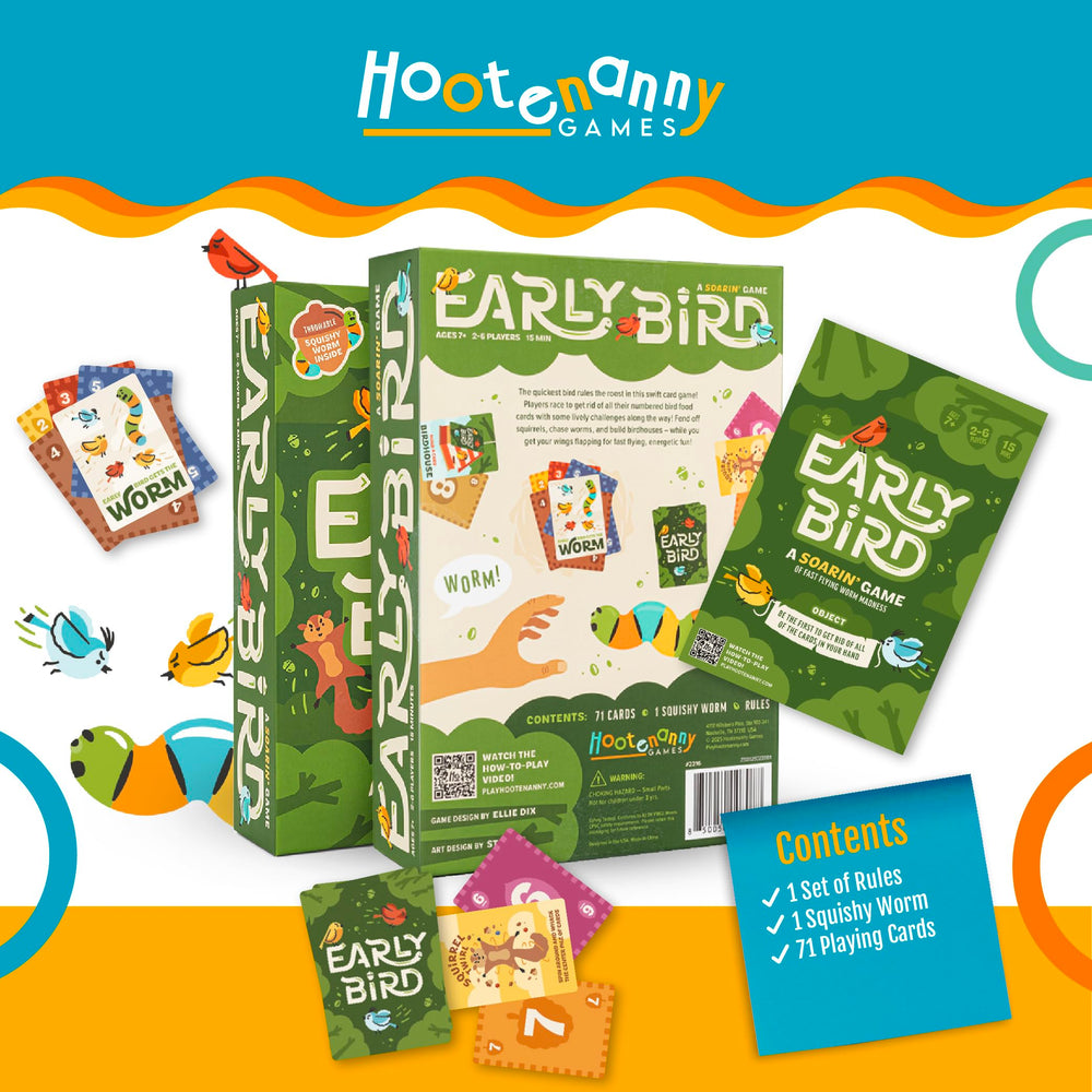 Hootenanny Games Early Bird family-friendly packaging supports easy setup.