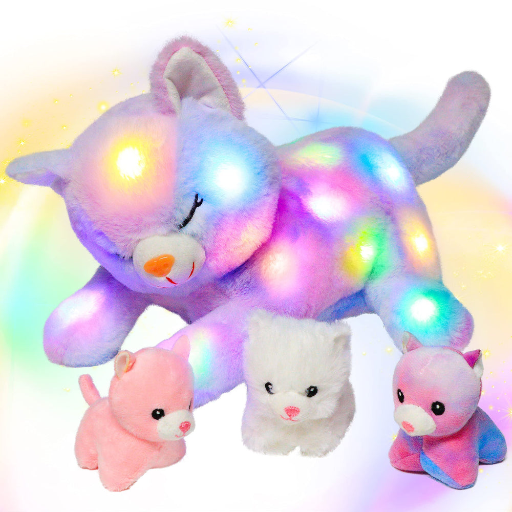 Hopearl LED plush mom cat with three kittens glowing for cozy play