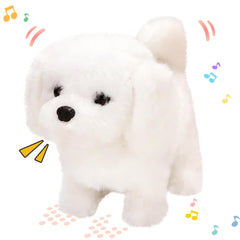 Hopearl walking bichon plush toy demonstrates forward motion and cute sounds for toddler play.