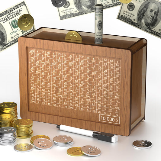 Hopefire 10000 savings box front view highlighting sturdy wooden design for easy storage