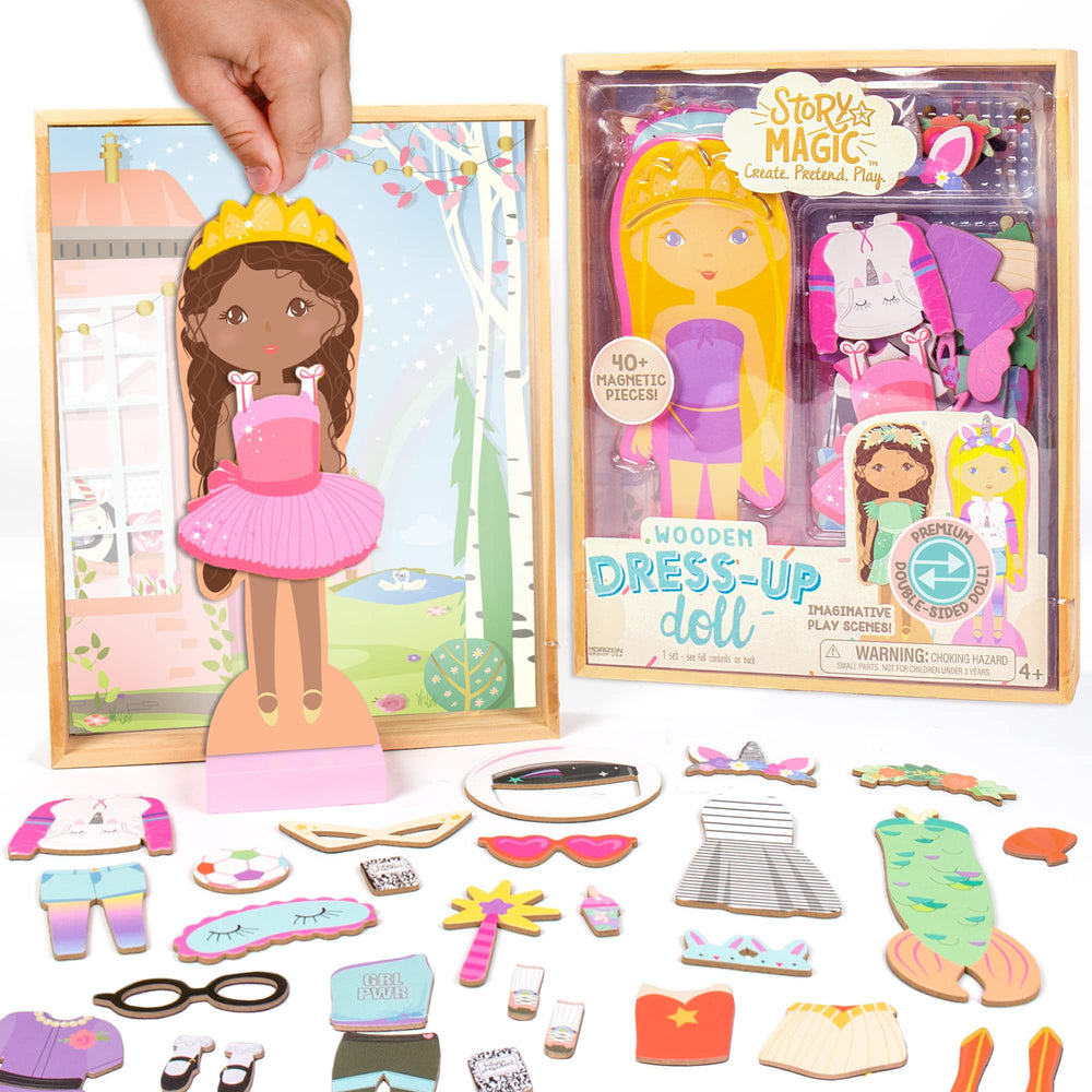 Horizon Story Magic double-sided wooden dress-up doll for creative pretend play.