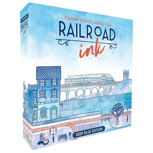 Horrible Guild Railroad Ink Deep Blue Dice show waterways for strategic route planning.