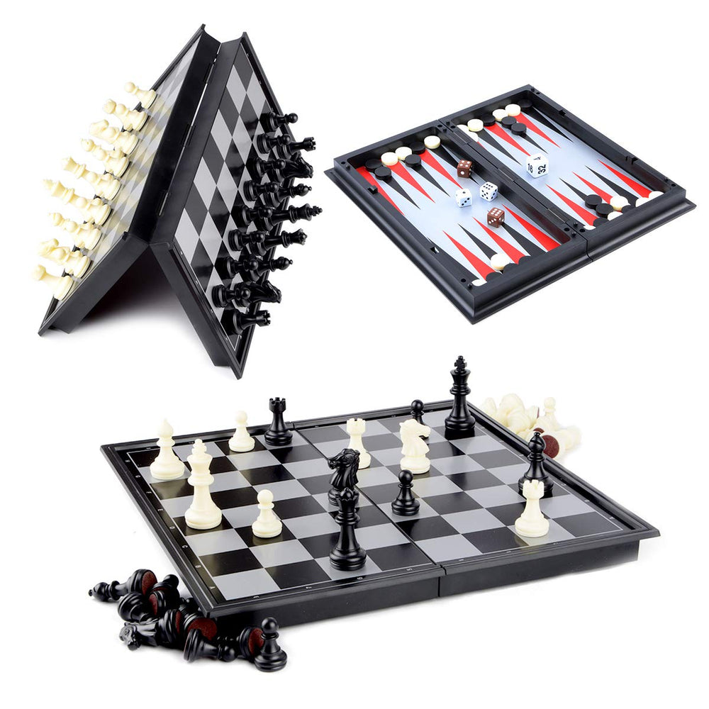 Hoshin 3-in-1 folding travel magnetic chess board opened for portable play