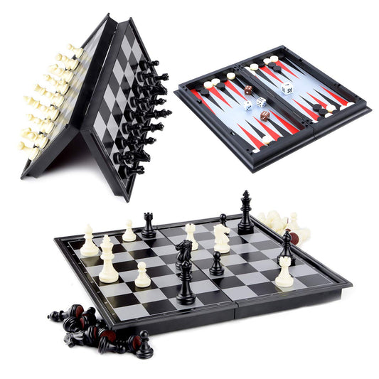 Hoshin 3-in-1 folding travel magnetic chess board opened for portable play