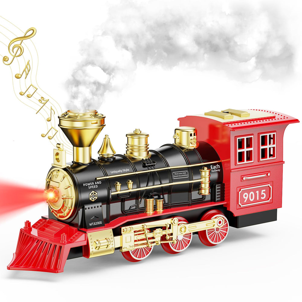 Hot Bee steam locomotive toy with lights and odorless smoke for imaginative play.