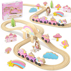 Hot Bee Unicorn Train Set includes unicorn figures to inspire imaginative play on pastel tracks.