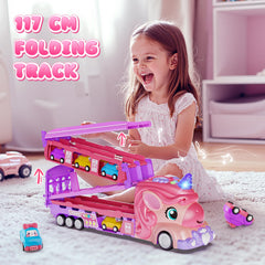Hot Bee unicorn truck lights and sounds enhance interactive play.