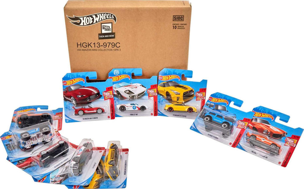 Hot Wheels 10-pack Then and Now collection, front angle for display and nostalgic play.