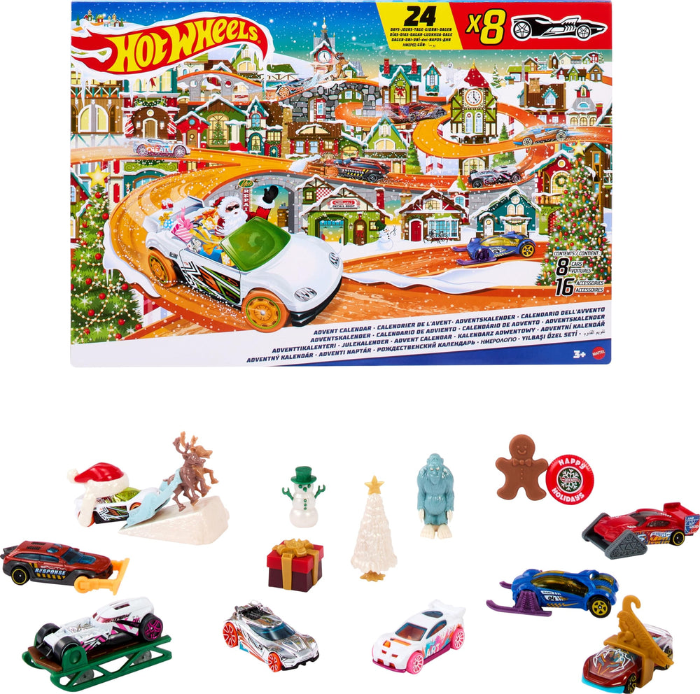 Hot Wheels 2023 Advent Calendar front box teaser for holiday play.