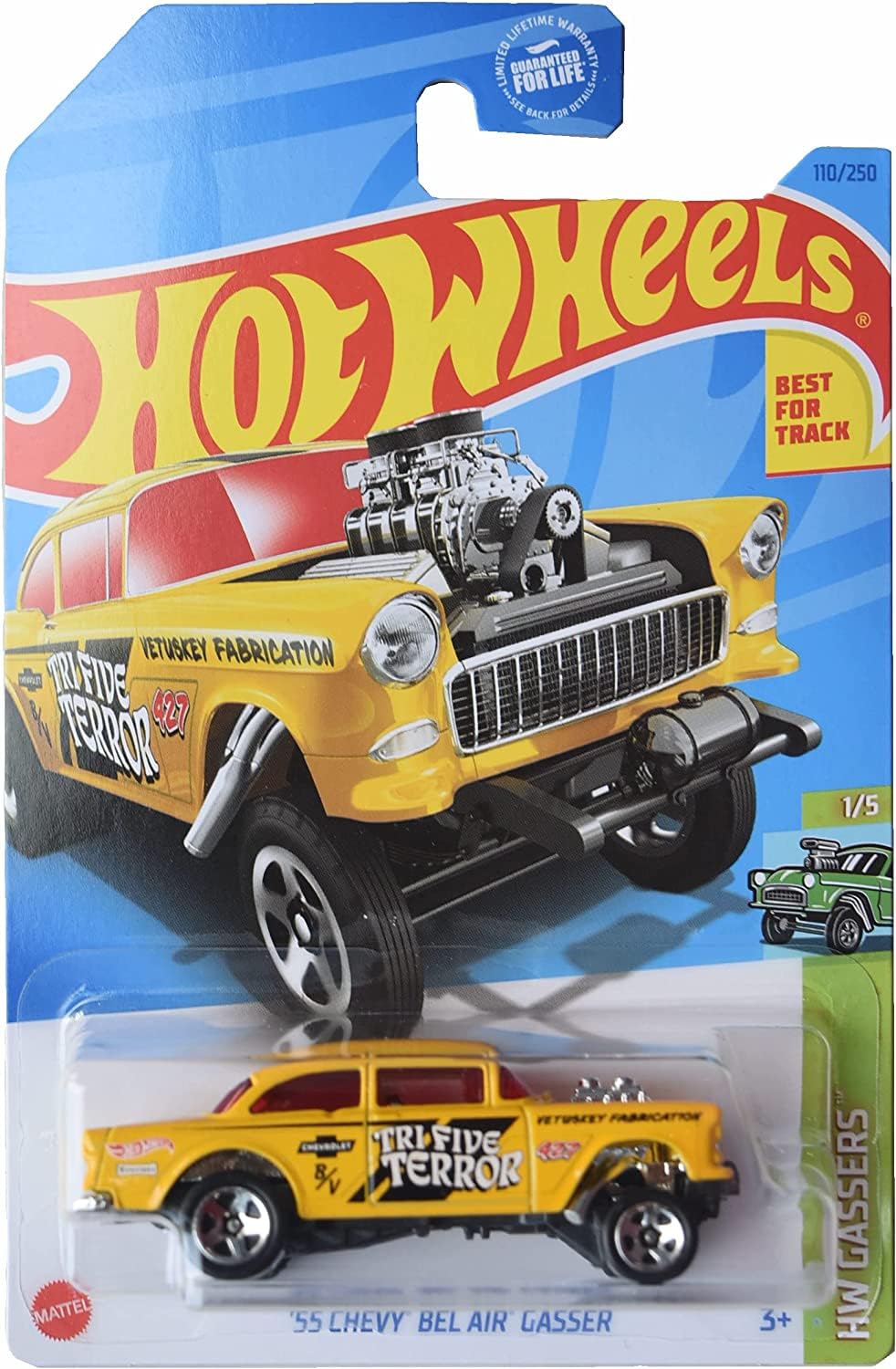 Hot Wheels 55 Chevy Bel Air Gasser in yellow, side view, detailed die-cast finish.
