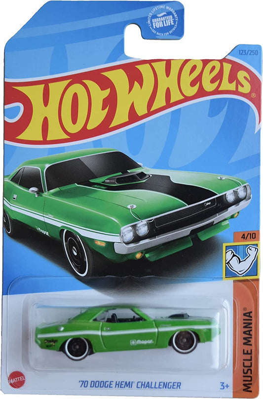 Hot Wheels 70 Dodge Hemi Challenger Muscle Mania Green, front view, ideal for display and play