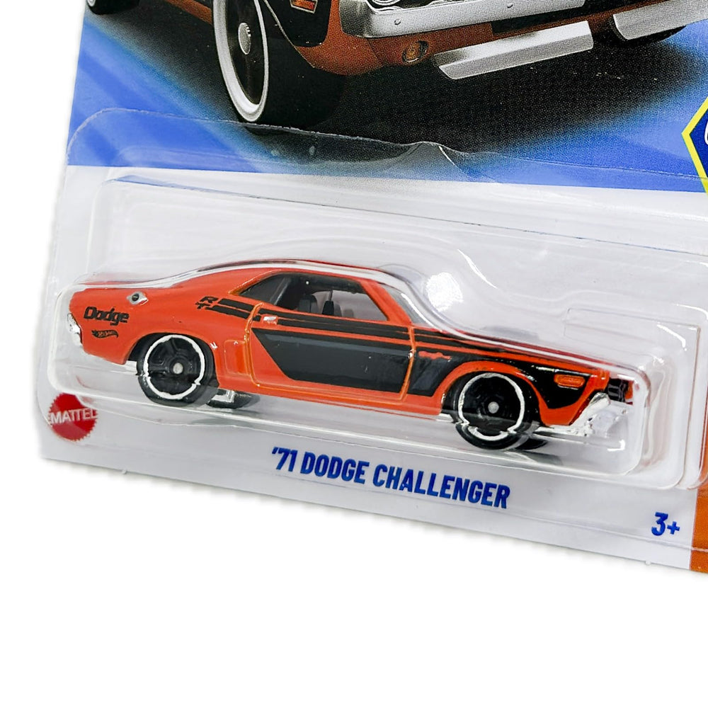 Hot Wheels 71 Dodge Challenger side view captures muscular profile for dynamic display and gifting.