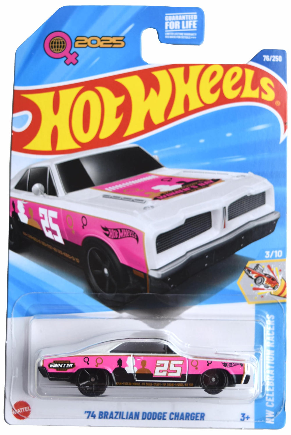Hot Wheels 74 Brazilian Dodge Charger pink/white for display or racing collection.