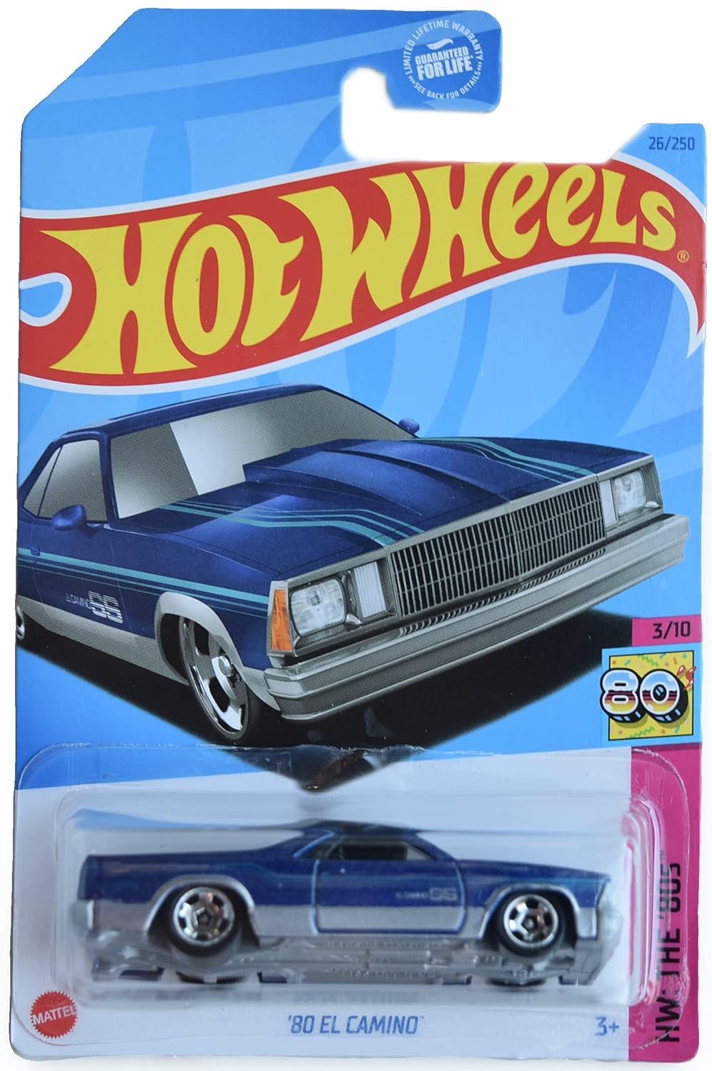 Hot Wheels 80 El Camino blue-silver die-cast model for display and collection.