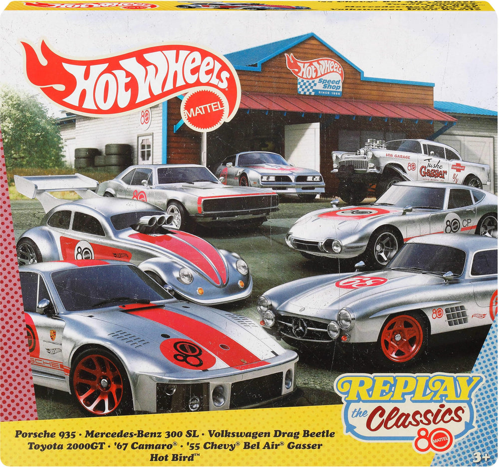 Hot Wheels 80th anniversary seven-pack pack shot highlights premium mini cars, ideal for collectors.