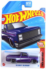 Hot Wheels 83 Chevy Silverado Then and Now purple die-cast for display and collection.