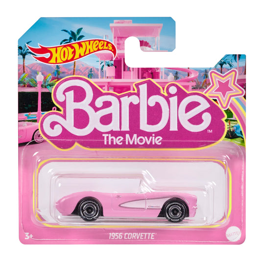 Hot Wheels Barbie 1956 Corvette Pink die-cast car, side view for display and storytelling.