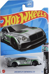 Hot Wheels Bentley Continental GT3 silver 1:64 scale die-cast for display and collection.