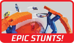 Hot Wheels car 1-64 scale complements the arena for quick track action