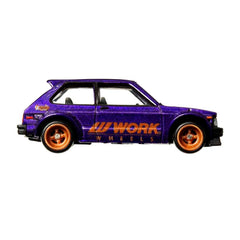 Hot Wheels Circuit Legend Toyota Starlet KP61 top view reveals deco balance for display.