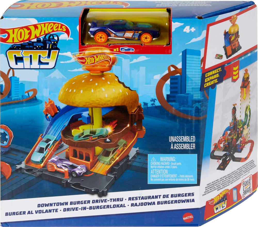 Hot Wheels City Burger Drive-Thru sign activates play as cars move through the route.