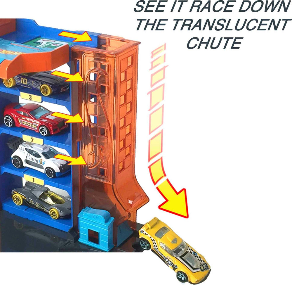 Hot Wheels City Downtown Car Park four levels offer compact storage for multiple cars.