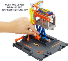 Hot Wheels City repair station undercarriage view supports pretend diagnostics.