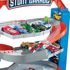 Vertical garage action with four levels fuels imaginative racing fantasies.