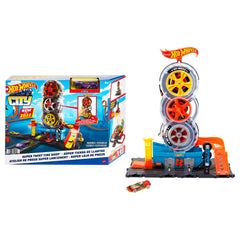 Hot Wheels City Super Twist Tire Shop exterior inviting kids to start a race