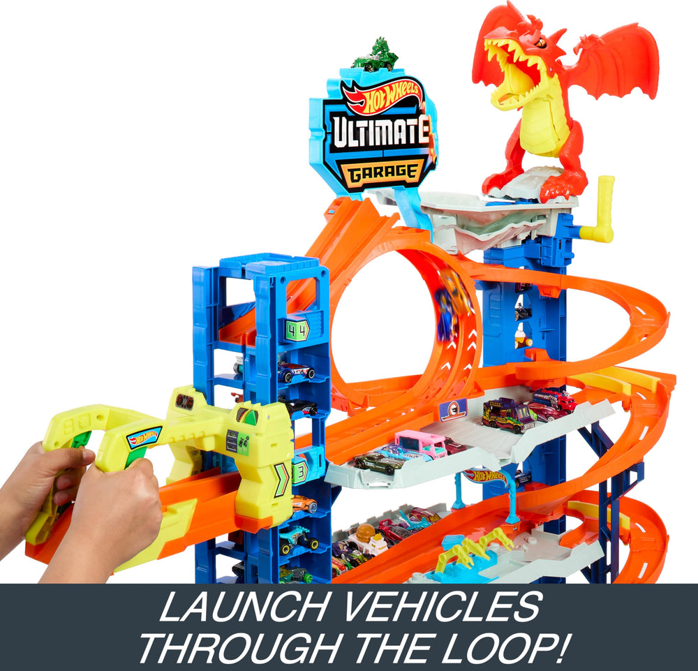 Hot Wheels City Ultimate Garage dragon battle on the top level.