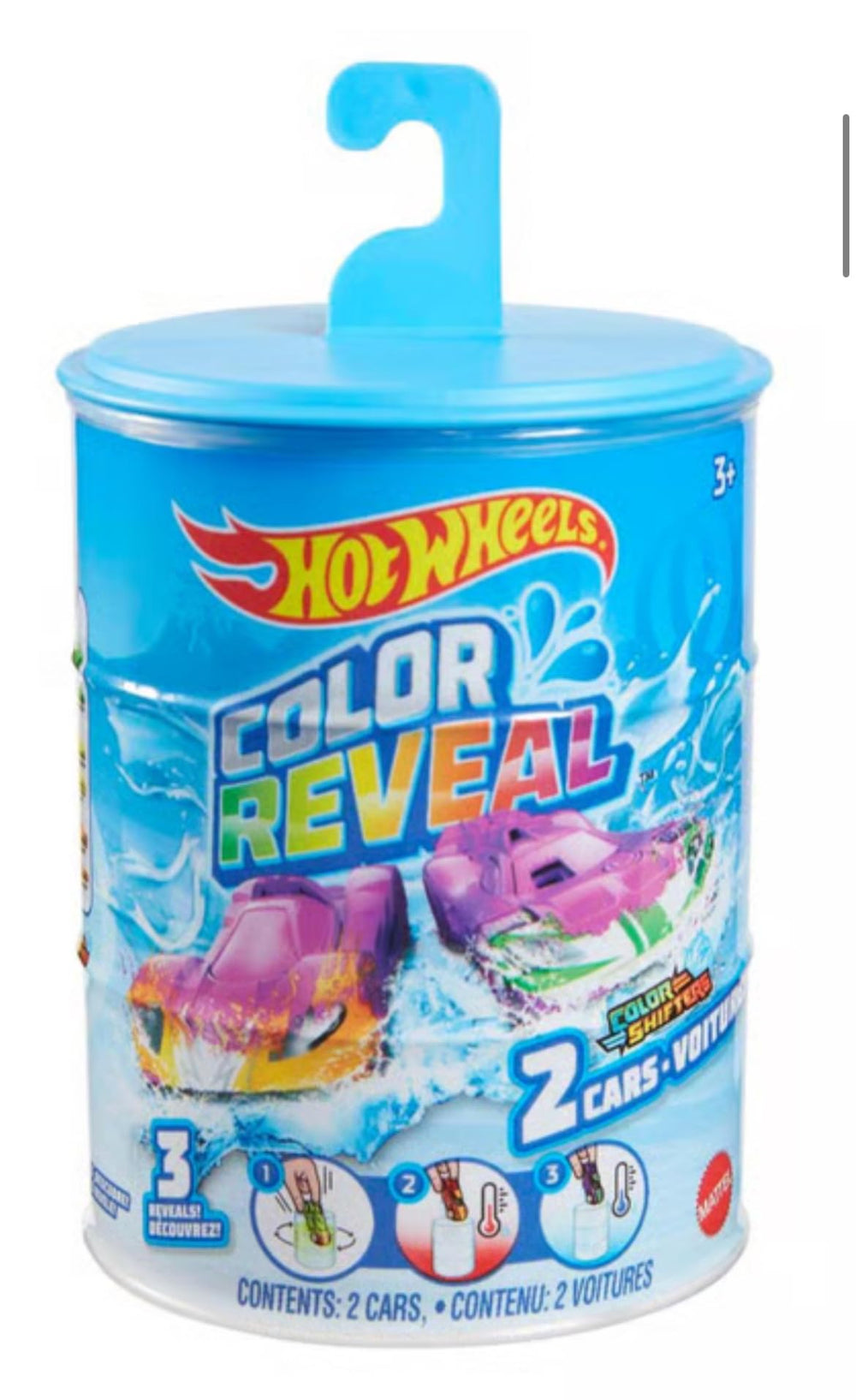 Hot Wheels Color Reveal barrel with two cars reveals hidden designs.