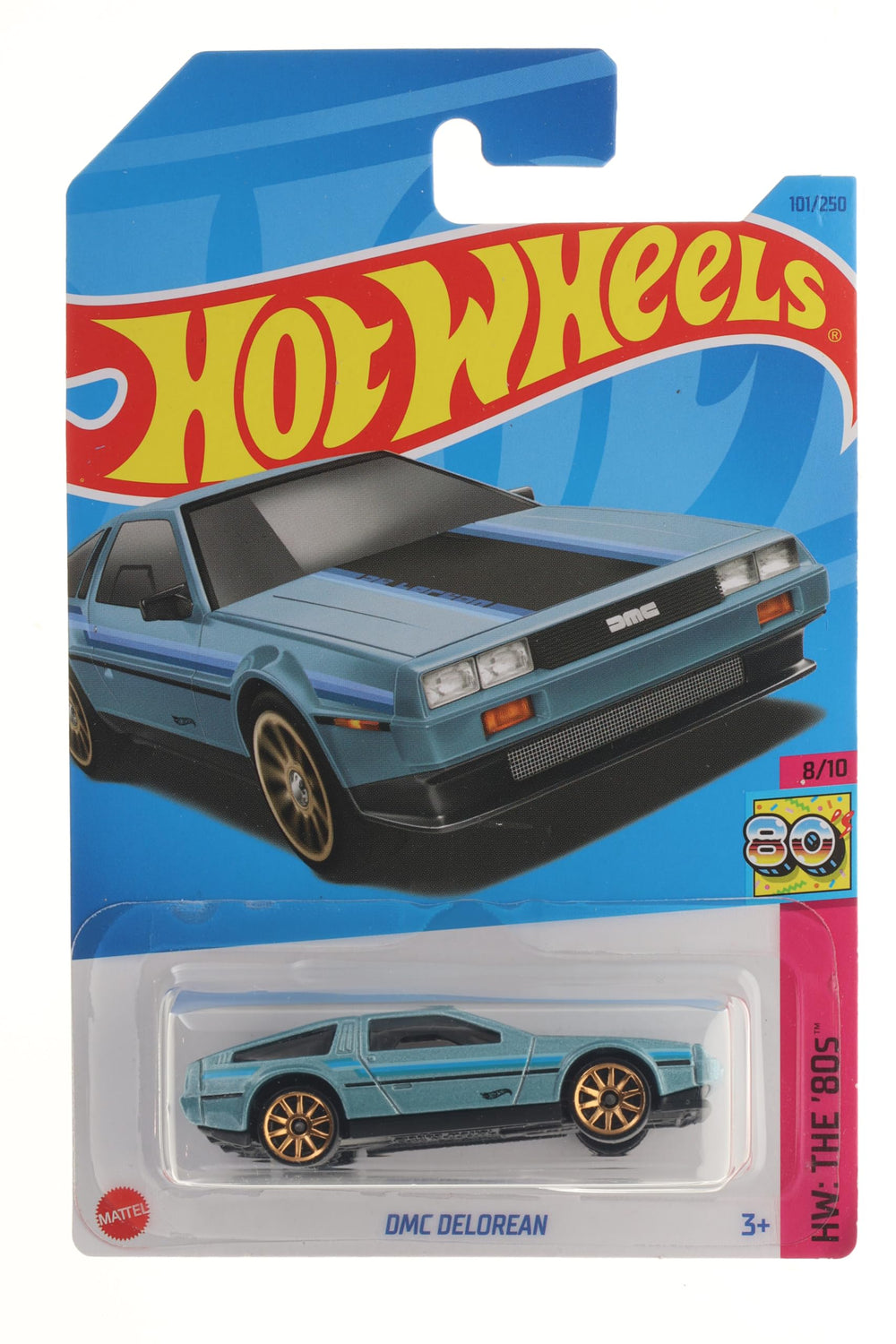 Hot Wheels DMC DeLorean front view highlights a metallic finish for display