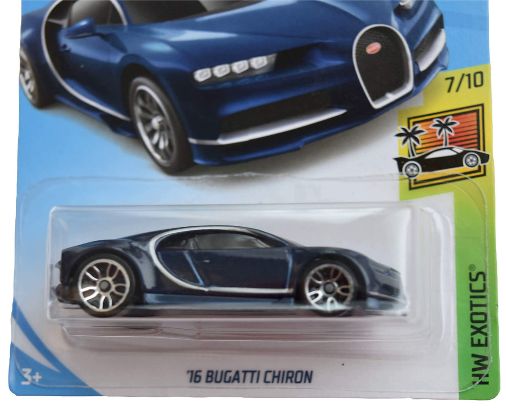 Hot Wheels Exotics 7/10 Bugatti Chiron blue side view ideal for gifting and display