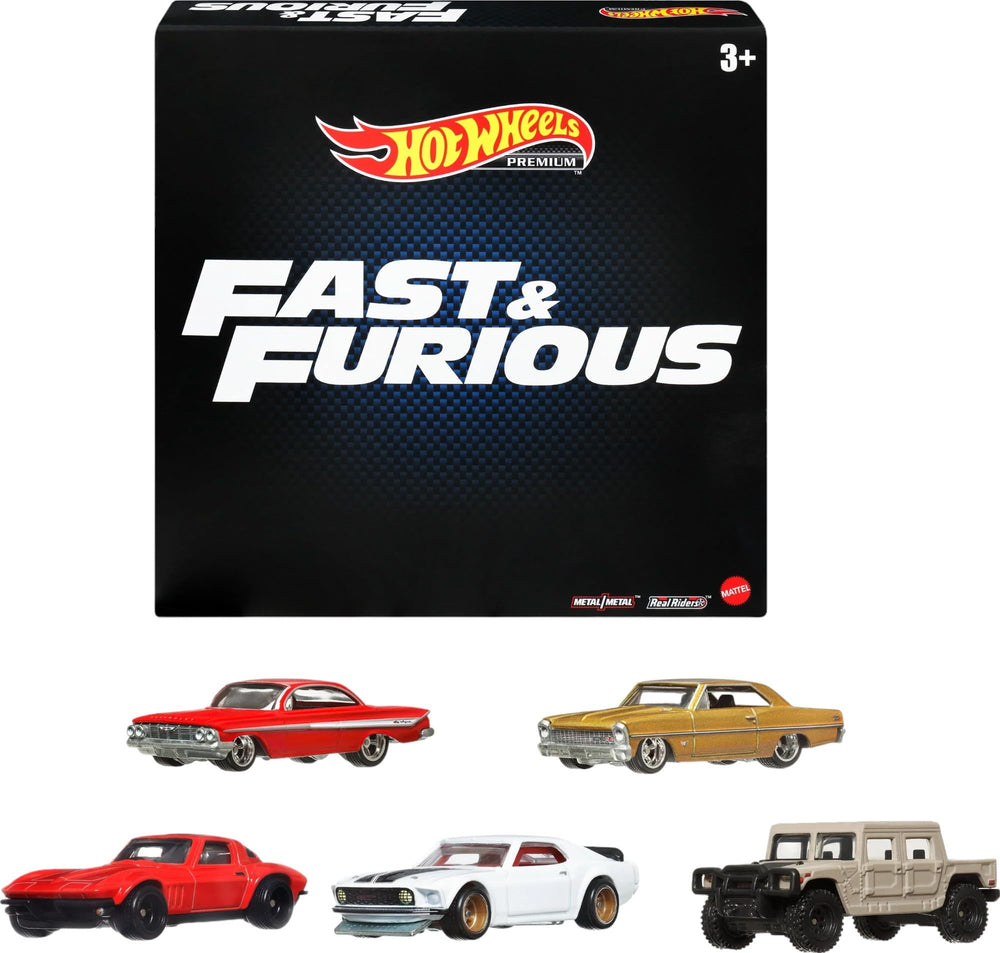 Hot Wheels Fast & Furious 1:64 5-pack front view for display and quick play sessions.