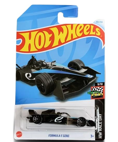 Hot Wheels Formula-E Gen 3 race car in black/blue, great for display and collection.