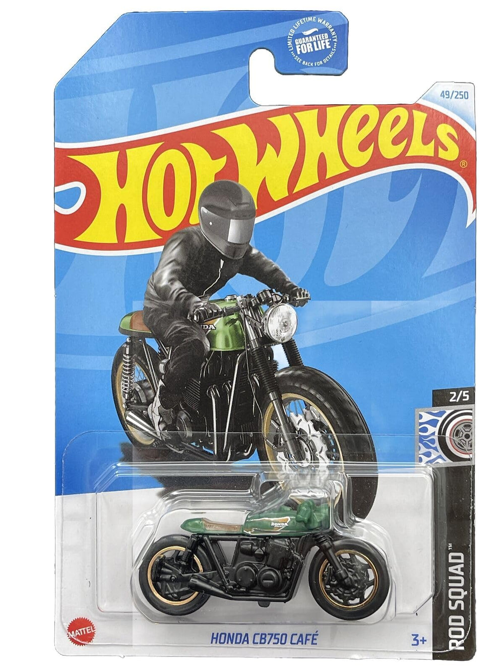 Hot Wheels Honda CB750 Cafe Rod Squad 2/5 with green seat — vivid detail for display collections.